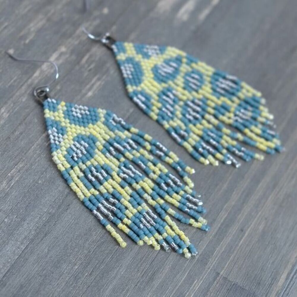 Leopard Cheetah Print Beaded Fringe Earrings Miyuki Delica Handwoven Unique Boho